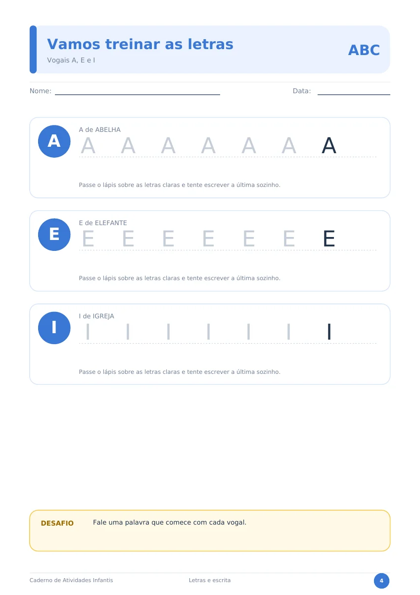 Traçado de letras, referência visual apresentada no guia